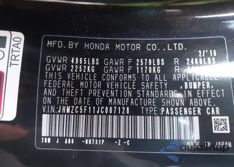 2018 Honda Clarity Plug-In Hybrid from USA, damaged, VIN JHMZC5F11JC007128